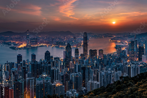 Hongkong Panorama während Sonnenaufgang