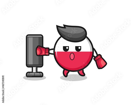 poland flag boxer cartoon doing training with punching bag