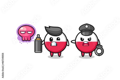 poland flag cartoon doing vandalism and caught by the police