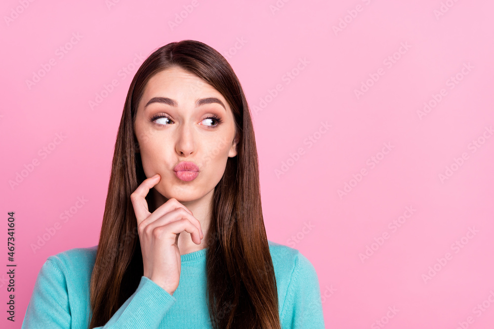 Portrait of nice-looking curious girl pout lips deciding copy space isolated over pink pastel color background Portrait of nice-looking curious girl pout lips deciding copy space isolated over pink pastel color background