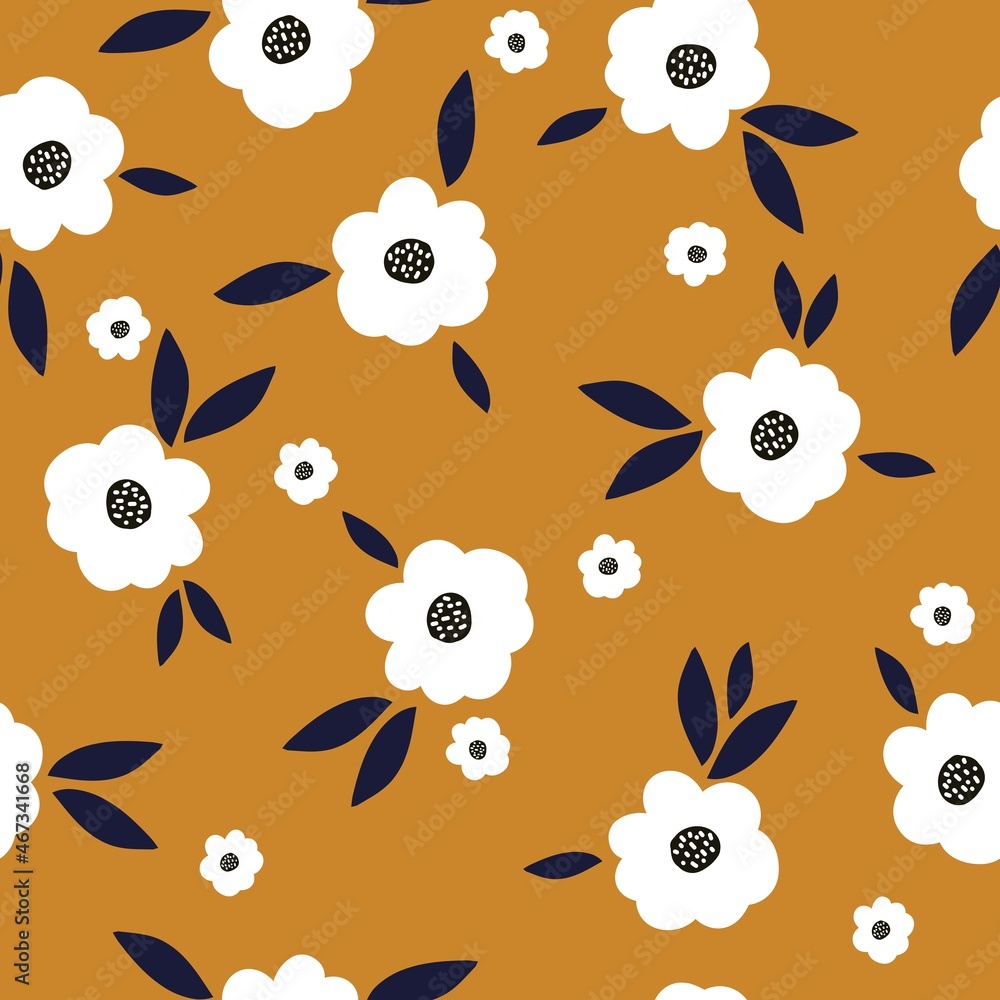 Seamless floral pattern. Fashionable background of white flowers and black leaves. flowers scattered on a terracotta background. Stock vector for printing on surfaces and web design.