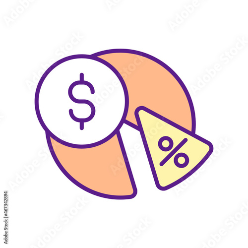 Money sharing RGB color icon. Finance percentage chart. Divide budget into parts. After-tax income. Money management. Round pie diagram. Isolated vector illustration. Simple filled line drawing