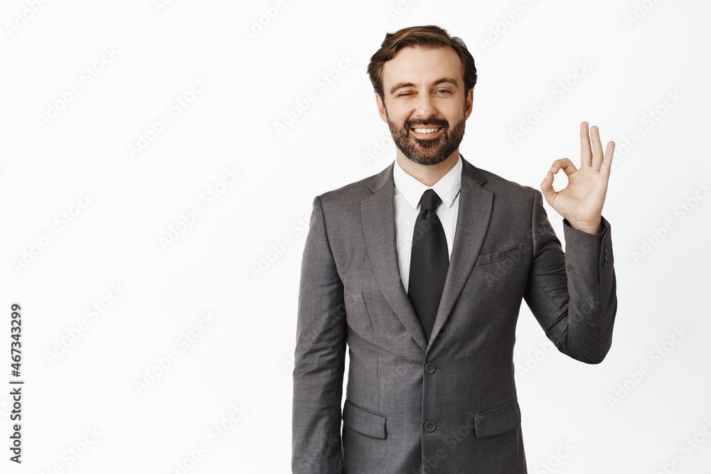 Business people. Successful businessman showing ok, okay sign, winking and smiling assuringly, accepting something, standing over white background Business people. Successful businessman showing ok, okay sign, winking and smiling assuringly, accepting something, standing over white background
