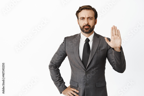 Billede på lærred Image of angry boss, raising hand objection gesture