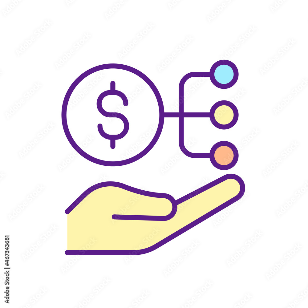Divide personal budget RGB color icon. Allocate money sums for different needs. Financial literacy. Symbol with abstract meaning. Isolated vector illustration. Simple filled line drawing Divide personal budget RGB color icon. Allocate money sums for different needs. Financial literacy. Symbol with abstract meaning. Isolated vector illustration. Simple filled line drawing