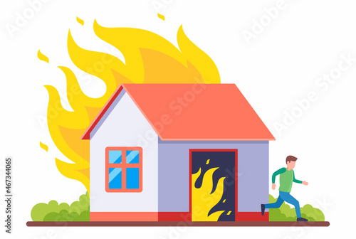 a man runs from a burning house. evacuation due to fire. loss of housing due to the disaster. flat vector illustration.