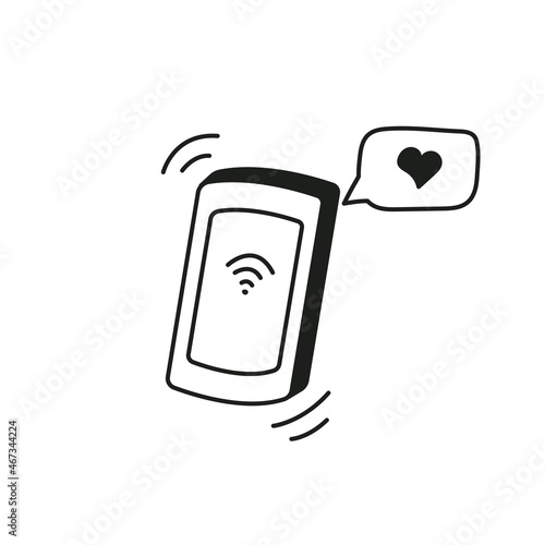 Mobile phone, drawn in a doodle style. Vibrating, a message has arrived. Vector graphics.