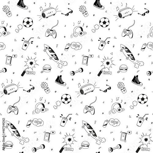 Seamless pattern. A set of doodle elements of a teenager's lifestyle. Vector graphics.