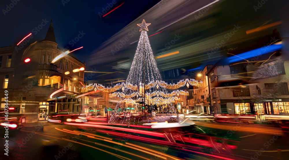 Christmas tree decorations in Stratford-upon-Avon, Warwickshire with light trails
