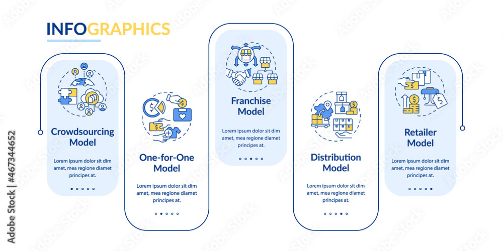 Different business model blue vector infographic template. Enterprise presentation outline design elements. Data visualization with 5 step. Process timeline info chart. Workflow layout with line icons