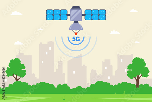 the satellite distributes 5g internet from space to anywhere in the world. flat vector illustration.