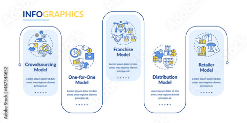 Different business model blue vector infographic template. Enterprise presentation outline design elements. Data visualization with 5 step. Process timeline info chart. Workflow layout with line icons