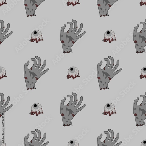 Seamless pattern of zombie hands and eyes in shades of gray. Vector photo