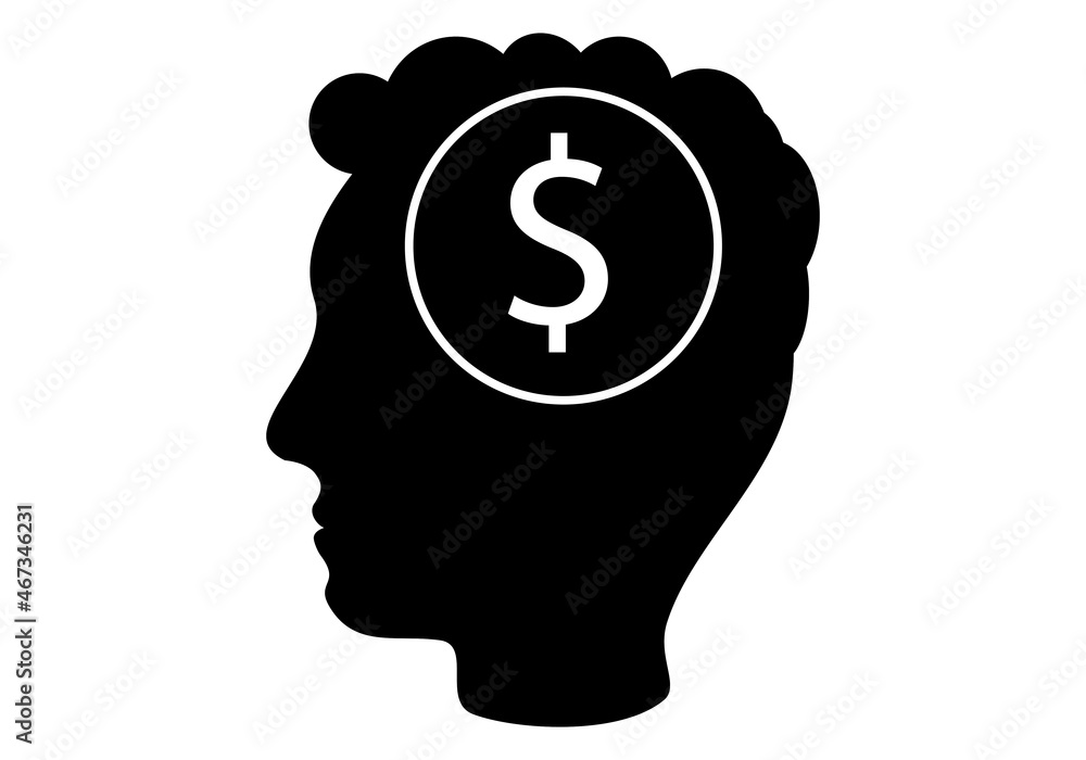 Silueta negra de la cara de un hombre o joven con el símbolo del dólar Silueta negra de la cara de un hombre o joven con el símbolo del dólar