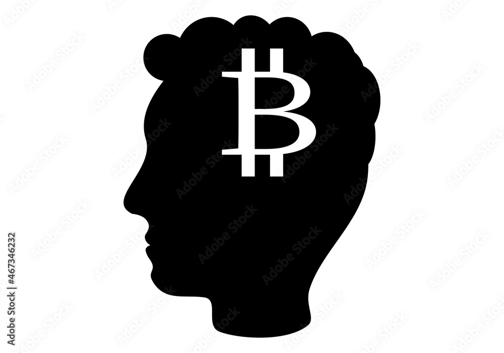 Silueta negra de la cara de un hombre o joven con el símbolo del bitcoin. Perfil masculino del inversor en bitcoin Silueta negra de la cara de un hombre o joven con el símbolo del bitcoin. Perfil masculino del inversor en bitcoin