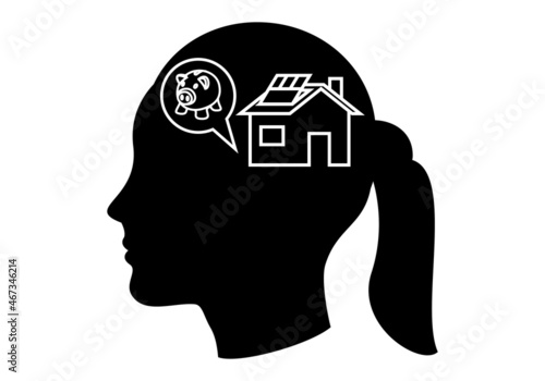 Silueta negra de la cara de una mujer o joven con el símbolo de una hucha cerdito y una casa. Perfil de la mujer o chica  ahorradora con el objetivo de comprarse una vivienda. Hipoteca en mente