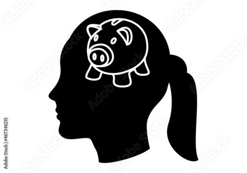 Mujer ahorradora. Perfil ahorrador femenino. Silueta negra de la cara de una mujer o joven con el símbolo del ahorro. 