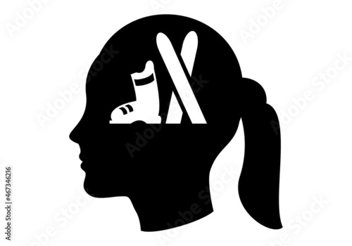 Esquí femenino. Mujer esquiadora. Silueta negra de la cara de una mujer o joven con el símbolo del  esquí.