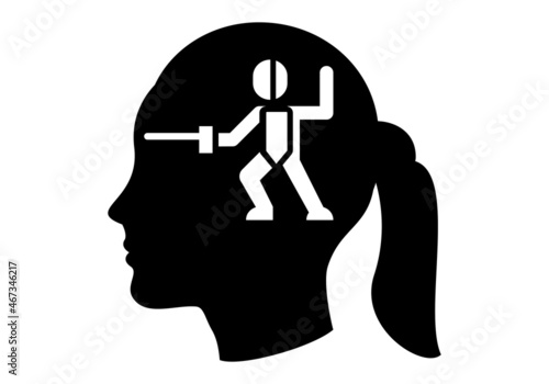 Esgrima femenino. Mujer esgrimista, Silueta negra de la cara de una mujer o joven con el símbolo de la esgrima. Esgrimista femenina. 