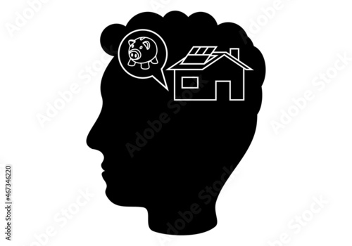 Silueta negra de la cara de un hombre o joven con el símbolo de una hucha cerdito y una casa. Perfil de un chico joven   ahorrador con el objetivo de comprarse una vivienda. Hipoteca en mente