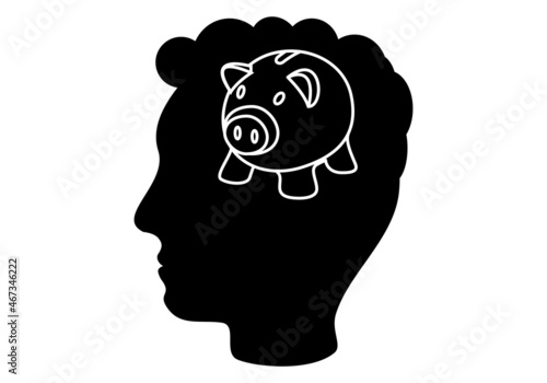 Silueta del joven ahorrador. Silueta negra de la cara de un hombre o joven con el símbolo de la hucha cerdito