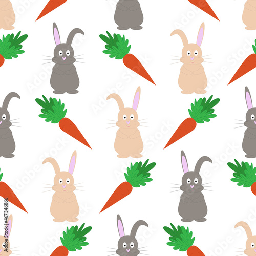 Easter seamless vector pattern. Easter bunnies or rabbits with carrots on an isolated white background. Unique baby background in pastel colors 