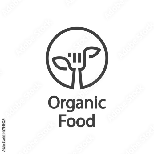 Logotipo dieta saludable. Banner con texto Organic Food con tenedor con hojas de plantas en circunferencia con líneas en color gris