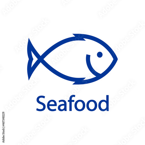 Logotipo restaurante. Banner con texto Seafood y silueta de pescado con líneas en color azul