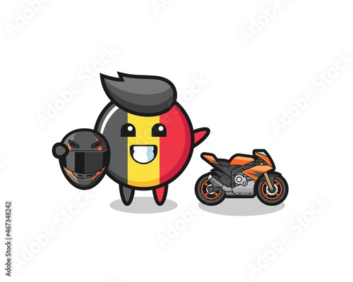 cute belgium flag cartoon as a motorcycle racer