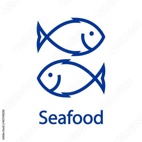 Logotipo restaurante. Banner con texto Seafood y silueta de 2 pescados con líneas en color azul