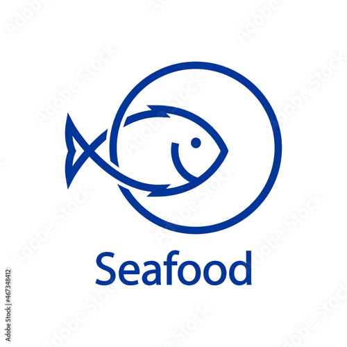 Logotipo restaurante. Banner con texto Seafood y silueta de pescado en circunferencia con líneas en color azul