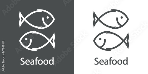 Logotipo restaurante. Banner con texto Seafood y silueta de 2 pescados con líneas en fondo gris y fondo blanco