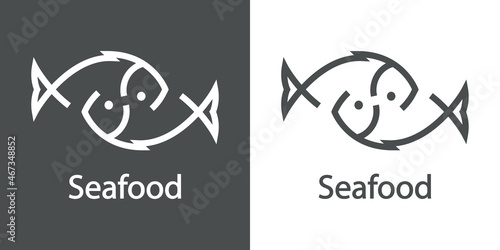 Logotipo restaurante. Banner con texto Seafood y silueta de 2 pescados abstractos con líneas en fondo gris y fondo blanco