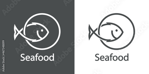 Logotipo restaurante. Banner con texto Seafood y silueta de pescado en circunferencia con líneas en fondo gris y fondo blanco