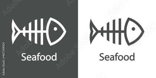 Logotipo restaurante. Banner con texto Seafood y silueta de espinas de pescado con líneas en fondo gris y fondo blanco