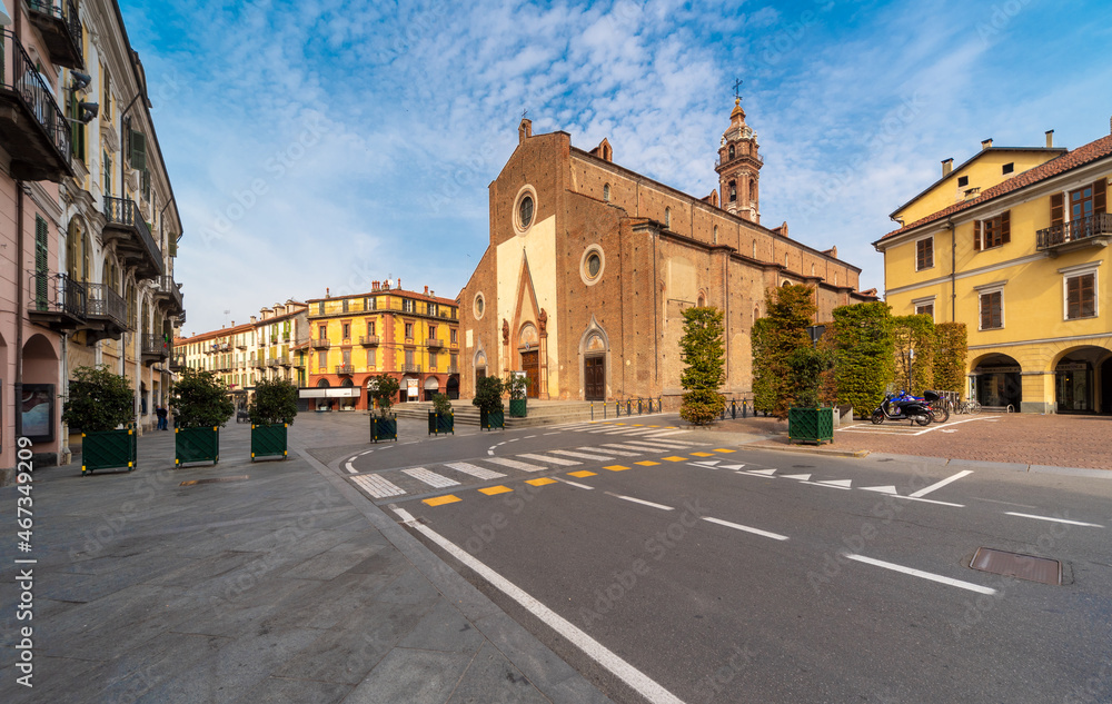 Saluzzo, Cuneo, Italy - October 19, 2021: Maria Vergine Assunta cathedral (16th century) in Piazza Giuseppe Garibaldi