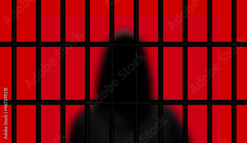 Realistic Prisoner in a Hood Silhouette with Jail Bars. Vector Illustration