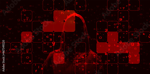 Silhouette of a hacker on a background with binary code and lights, hacking of a computer system, theft of data