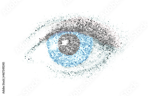 Halftone effect realistic human eye. Dotted vector illustration