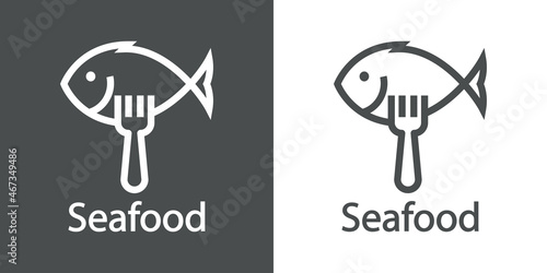 Logotipo restaurante. Banner con texto Seafood y silueta de pescado con tenedor con líneas en fondo gris y fondo blanco