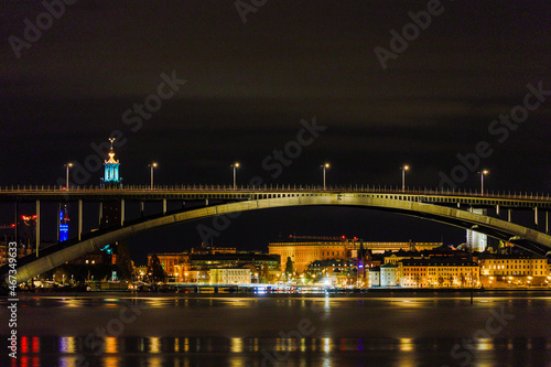 Stockholm, Sweden A view at night of the western bridge or Vasterbron.