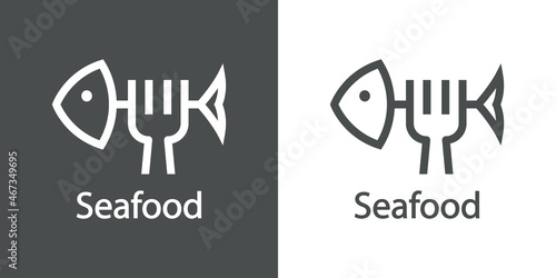 Logotipo restaurante. Banner con texto Seafood y silueta de tenedor como espinas de pescado con líneas en fondo gris y fondo blanco