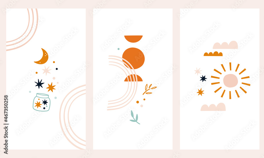 Cute posters for the nursery. Vector illustrations in boho style. Vertical format