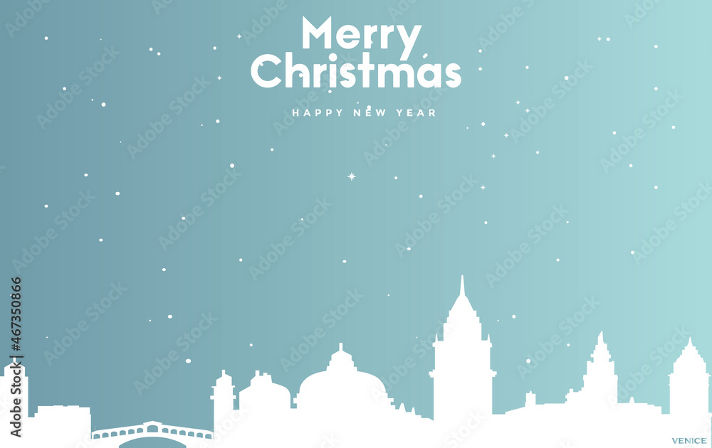 Christmas and new year blue greeting card with white cityscape of Venice