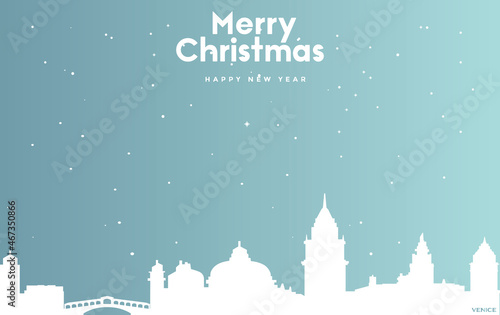 Christmas and new year blue greeting card with white cityscape of Venice