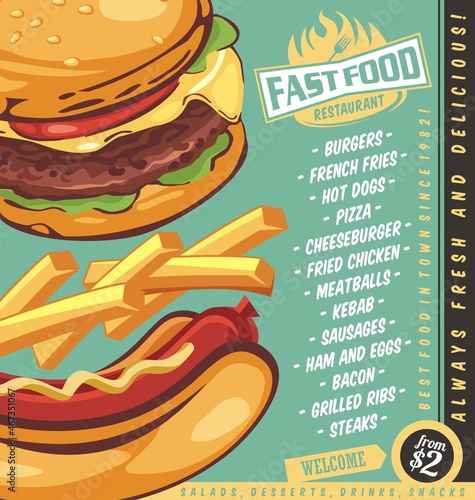 Snack bar menu design mock up with burger, hot dog and french fries. Fast food restaurant promo flyer. Food vector graphic.