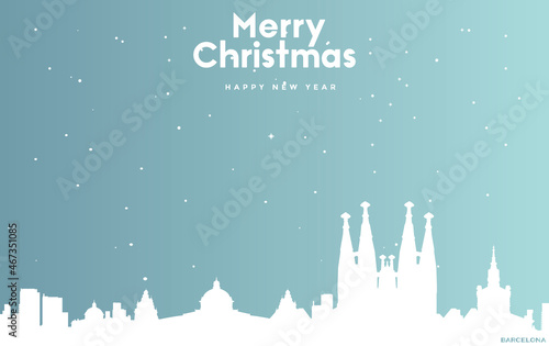 Christmas and new year blue greeting card with white cityscape of Barcelona