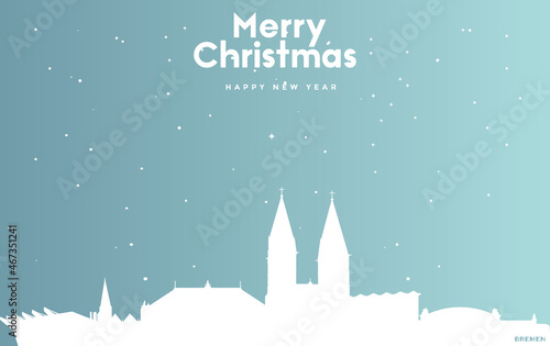Christmas and new year blue greeting card with white cityscape of Bremen