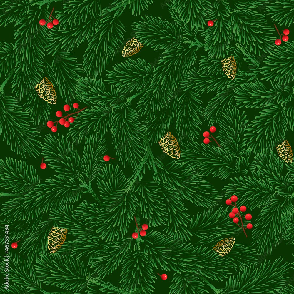 Vector seamless pattern with green pine branches.