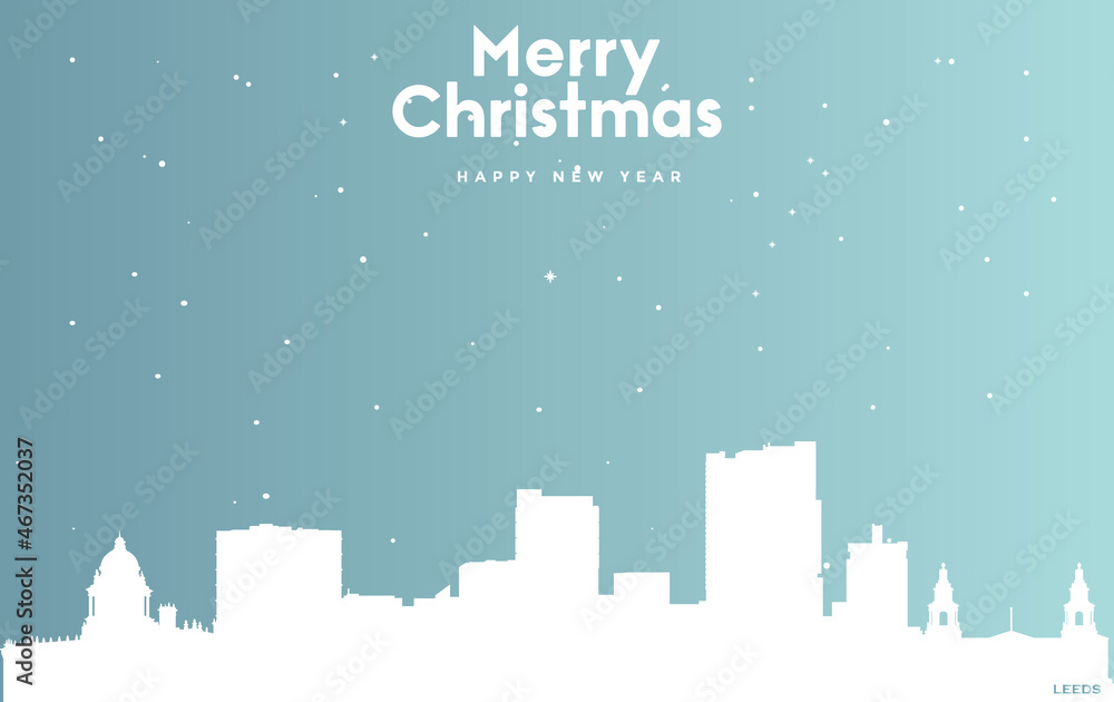 Christmas and new year blue greeting card with white cityscape of Leeds